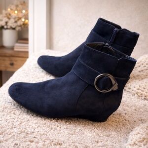 Impo Navy Suede Ankle Booties with Buckle Detail